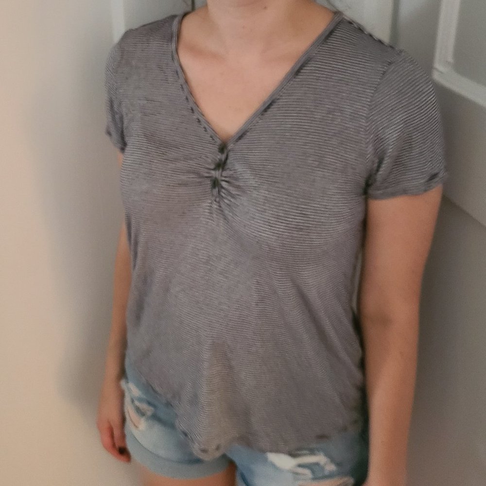 Pink Rose Cozy Striped V Neck Tee with Ruching Button Detail